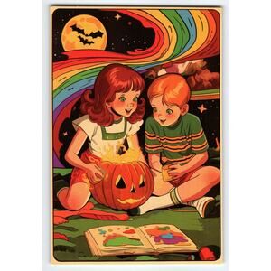 Vintage Halloween Photochrome Postcard Kids with Glowing Jack-o'-Lantern
